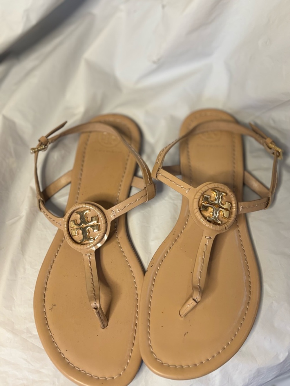 Tory Burch Tan Leather Logo Thong Sandals